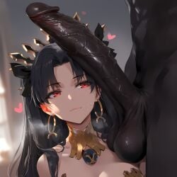 1boy 1girls ai_generated black_hair blush cute dark-skinned_male erection fate/grand_order fate_(series) female huge_cock imminent_oral imminent_sex interracial ishtar_(fate) light-skinned_female male mirham oral penis petite red_eyes skinny slim teenager twintails