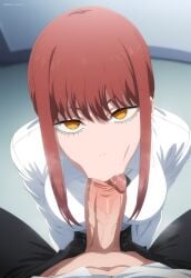 1boy 1girls ai_generated big_breasts blowjob blowjob_face breasts chainsaw_man fellatio jarentr looking_at_viewer makima_(chainsaw_man) oral oral_sex penis pov pov_crotch red_hair saliva sloppy_blowjob tongue tongue_out vacuum_blowjob vacuum_fellatio vacuum_suck