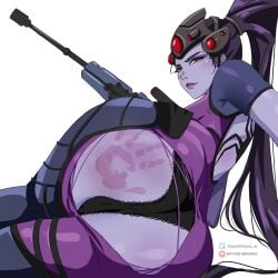 1girls alternate_version_available ass ass_focus big_ass booty female female_only french french_female gun hand_print hand_print_on_ass hayashidraws helmet long_ponytail looking_at_viewer looking_back on_side overwatch panties ponytail purple_hair sniper sniper_rifle solo spank_marks torn_clothes white_background widowmaker yellow_eyes