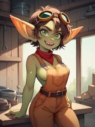 ai_generated breasts brown_hair cleavage clothed female freckles gabi_(gabital) gabital goblin goblin_female goggles goggles_on_head green_eyes green_skin overalls pointy_ears pointy_teeth sideboob smile workshop