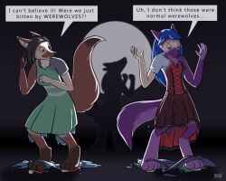 anthro auburn_fur black_hair blue_hair clothing_swap comic_page dancing female gender_transformation green_dress hair_growth long_hair magic mtf_transformation purple_fur red_dress species_transformation speech_bubble transformation victorian vintage_clothing werewolf wolf