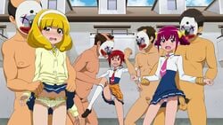 3girls 4boys age_difference blonde_hair blush bow brown_eyes censored clothed_female_nude_male clothing clown_mask dress_lift erection hairband hino_akane hoshizora_miyuki kneehighs leg_lift mask multiple_boys multiple_girls necktie open_mouth outdoors panties penis pink_panties precure pretty_cure purple_eyes purple_hair rape red_eyes red_hair restrained skirt skirt_lift smile_precure sukima_sangyou sweater testicles tongue unseen_male_face upskirt wavy_mouth white_panties yayoi_kise yellow_panties