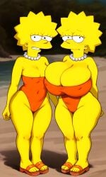 ai_generated beach breast_expansion cleavage covered_erect_nipples flat_chest full_body groin highleg_swimsuit huge_breasts lisa_simpson one-piece_swimsuit orange_swimsuit pearl_necklace sandals shortstack standing the_simpsons thick_thighs wide_hips yellow_skin zakvar