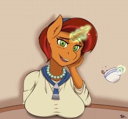 1girls 1milf anthro banbanji big_breasts breasts clothed clothed_female clothing cup female female_anthro female_focus female_only friendship_is_magic hairband hasbro magic mature mature_female milf mother my_little_pony necklace open_mouth pearl_necklace short_hair smile smiling smiling_at_viewer solo solo_female stellar_flare_(mlp) tea teacup telekinesis unicorn unicorn_horn