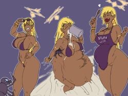 blonde_hair cum cum_in_container cum_inside draenorkiller drinking_cum earrings excessive_cum gal_(draenorkiller) goddess gyaru halo happy huge_ass insectophilia insects jewelry large_breasts long_hair mauro_(draenorkiller) multiple_penises naked_apron navel_piercing pregnant purple_apron purple_bikini spider stomach_bulge sweat thick_thighs wide_hips