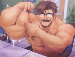 adtenkro bara blush facial_hair flexing glasses harvey_(stardew_valley) male male_only moustache muscles muscular nude solo solo_male stardew_valley