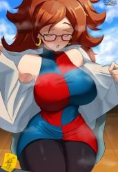 1girls android_21 android_21_(human) big_breasts blush breasts brown_hair closed_eyes clothing dragon_ball ear_piercing earrings eyewear female female_only glasses hair hips huge_breasts krillin kuririn open_coat sol-sama_d2 solo solo_female steam steaming_body steamy sweat sweatdrop thighs vomi_(dragon_ball) when_you_see_it wide_hips