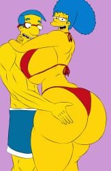 1boy 1boy1girl 1girls blue_hair bra cuckold glasses grabbing_ass huge_breasts juicy_butt looking_at_viewer marge_simpson milhouse_van_houten mkkstt8 semi_nude smaller_male the_simpsons yellow_body