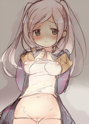 blush breasts brown_eyes ebi_shamo female fire_emblem fire_emblem_awakening gradient_background nipples panties panty_pull robin_(fire_emblem) robin_(fire_emblem)_(female) solo sweat tied_hair twintails white_hair