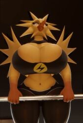 3d_(artwork) animated anthro avian beak big_breasts bird blender_(artwork) breast_expansion breast_squish breasts digital_media_(artwork) expansion female generation_1_pokemon growth huge_breasts legendary_pokémon legendary_pokemon lifting long_beak muscular nintendo nipples pokémon_(species) pokemon pokemon_(species) solo squish thick_thighs xlkev yellow_body zapdos zapdos_(morethreedee)