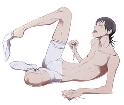 1boy black_hair bulge male_only midousuji_akira short_hair socks solo tagme topless torn_clothes undressing yowamushi_pedal