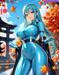 ai_generated bodysuit breasts female kuriboh_ex_(artist) latex latex_clothing latex_suit oppai rubber rubber_clothing rubber_suit skin_tight turquoise_eyes turquoise_hair