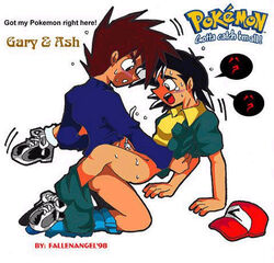 2boys anal_penetration anal_sex ash_ketchum baseball_cap black_hair blush brown_hair cum cum_on_self cum_while_penetrated duo fallen_angel gary_oak hand_support hat legs_held_open male_only multiple_boys pants_around_one_leg penis pokemon sex shoes short_hair sitting_on_penis small_penis spread_legs suspended_congress sweat text white_background yaoi