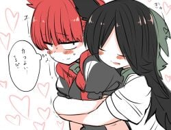 2girls adorable animal_ears black_hair blush bow cat_ears cute green_bow hairbow heart hug hug_from_behind long_hair mizuga multiple_girls not_porn red_hair rin_kaenbyou smile touhou utsuho_reiuji wholesome yuri