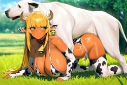 1girls ai_generated bimbo blonde_hair canine cow_print doggy_style huge_breasts noirprincess princess_anastasia zoophilia