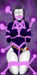 bondage bound crotch_rope female female_only femsub fully_clothed gag magic magic_bondage meowitzher png purple_hair raven_(dc) teen_titans tight_clothing