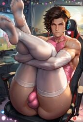 ai_generated ass big_ass big_butt boy brown_hair bubble_ass bubble_butt bulge chair elbow_gloves feet gamer gamer_chair gaming gaming_chair gloves hazel_eyes headphones headset hugging_own_legs keyboard legs_up leotard looking_at_viewer male monitor nylons office_chair panty_bulge pink_leotard plump_ass round_ass round_butt sitting soles solo stockings streaming sweat tallcallipygian tcallipygian thick_thighs thighhighs thighs toes white_gloves white_thighhighs