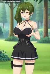 1girls ai_generated aindroidparanoid ass big_breasts busty curvy dress fat_ass female female_only forest frieren_beyond_journey's_end grabbing_breasts grabbing_own_breast green_hair hips huge_breasts large_breasts legs nipples outdoors ponytail purple_eyes short_hair skirt solo sousou_no_frieren squeezing_breast stable_diffusion thick_thighs tight_clothing ubel_(sousou_no_frieren) voluptuous wide_hips