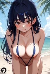 ai_generated bangs bare_shoulders beach black_hair blue_one-piece_swimsuit blue_sky blush boku_no_kokoro_no_yabai_yatsu breasts brown_eyes censored cleavage closed_mouth clothing_aside cloud collarbone cowboy_shot day female large_breasts leaning_forward long_hair looking_at_viewer navel nipple_slip nipples o-ring o-ring_bikini ocean one-piece_swimsuit outdoors pikkiwynn pussy sky sling_bikini slingshot_swimsuit solo swimsuit swimsuit_aside thigh_gap thighs yamada_anna