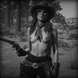 1girls 3d areolae black black_and_white breasts brown_eyes cowboy_hat cowboy_shot female female_focus female_only freckles full_body game guns hat hd hd_(traditional) high_resolution highres kuku lipstick long_hair medium_breasts mode mole naked nude outdoors public public_nudity red_dead_redemption_(series) red_dead_redemption_2 rockstar_games sadie_adler scarf small_breasts solo suspenders topless video_games