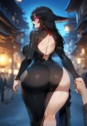 ai_generated alternate_color black_hair black_lipstick curvaceous from_behind genshin_impact goth goth_girl handholding imminent_sex looking_at_viewer looking_back miyuai mommy thiccwithaq_(ai_style) yae_miko