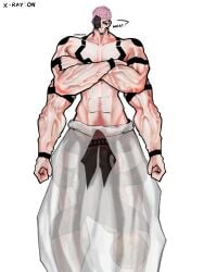 1boy artherarts big_penis breedable cock curse huge_cock interspecies jujutsu_kaisen large_penis larger_male light-skinned_male light_skin looking_at_viewer male male_focus male_only monster muscles muscular muscular_male pants pubic_hair ryoumen_sukuna_(jujutsu_kaisen) standing tall taller_male tattoo vein veiny_penis x-ray