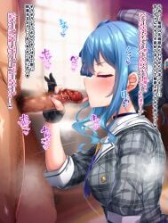 1boy ascot beret black_gloves blue_ascot blue_hair blue_nails blurry blurry_background blush breasts censored closed_eyes clothed_female_nude_male erection fellatio female gloved_handjob gloves grey_hat grey_shirt hair_between_eyes handjob hat hololive hoshimachi_suisei indoors kuragari licking licking_penis male_pubic_hair motion_lines nude open_mouth oral paid_reward_available partially_fingerless_gloves penis plaid_clothes plaid_shirt pubic_hair shirt small_breasts steaming_body straight sweat translation_request virtual_youtuber