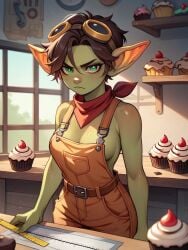 ai_generated angry annoyed breasts brown_hair cleavage clothed female gabi_(gabital) gabital goblin goblin_female goggles goggles_on_head green_eyes green_skin looking_at_viewer overalls pointy_ears