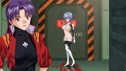 2girls areolae blue_hair blush breasts breasts_out brown_eyes clothing cross_necklace female female_only full_body hiero highres human jacket large_breasts legs light-skinned_female light_skin long_hair long_sleeves misato_katsuragi multiple_girls neon_genesis_evangelion nerv nipples no_bra no_panties partially_clothed pilot_suit plugsuit purple_hair pussy red_eyes rei_ayanami revealing_clothes reverse_outfit shaved_pussy short_hair smile standing thigh_boots thighs uncensored