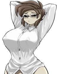 1girls armpits arms_up big_breasts brown_hair bursting_breasts female female_only fit_female glasses hands_behind_head hourglass_figure human kyurby_(zzzhodazzz) nipple_bulge no_bra no_panties sideboob surprised thin_waist vertical_navel wide_hips yellow_eyes zzzhodazzz