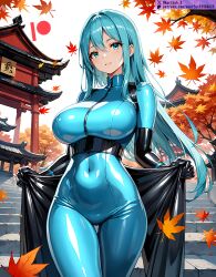 ai_generated bodysuit breasts female kuriboh_ex_(artist) latex latex_clothing latex_suit oppai rubber rubber_clothing rubber_suit skin_tight turquoise_eyes turquoise_hair