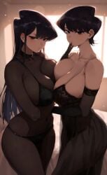 ai_generated breast_press cleavage daughter huge_breasts incest komi-san_wa_komyushou_desu komi_shouko komi_shuuko lingerie long_hair mother mother_and_daughter purple_hair see-through short_hair standing yuri