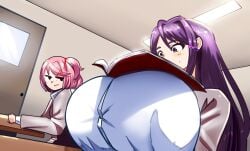 2girls breast_envy breast_focus breasts doki_doki_literature_club female female_only huge_breasts jealous large_breasts multiple_girls natsuki_(doki_doki_literature_club) panchito1234nos pink_hair purple_hair yuri_(doki_doki_literature_club)