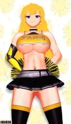 1girls arrancon blonde_female blonde_hair cheerleader cheerleader_outfit cheerleader_uniform long_hair long_hair_female miniskirt nipple_slip pom_poms purple_eyes robotic_arm rwby solo_female yang_xiao_long