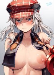 1girls alisa_ilinichina_amiella belko blue_eyes blush breasts cabbie_hat collar_only dated exposed_breasts exposed_nipples female female_only furrowed_eyebrows god_eater hat headwear hi_res light-skinned_female light_skin long_hair looking_at_viewer nipples no_bra pink_nipples plaid plaid_headwear sweat twitter_username white_hair