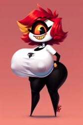 ai_generated cyclops hazbin_hotel huge_ass huge_breasts jeans loose_clothes niffty nipple_bulge no_feet red_hair small_but_busty smiling thick_thighs