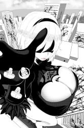 1boy 1girls android android_girl between_breasts big_breasts blindfold breasts clothing female giantess hairband higher_resolution_duplicate huge_breasts light-skinned_female light-skinned_male light_skin macro male monochrome nier nier:_automata reaching_out shoiichii short_hair size_difference white_hair yorha_2b yorha_9s