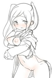 blush breasts ebi_shamo female fire_emblem fire_emblem_awakening monochrome nipples pussy robin_(fire_emblem) robin_(fire_emblem)_(female) simple_background solo tied_hair twintails uncensored