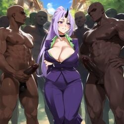 1girls ai_generated cleavage dark-skinned_male horn imminent_sex interracial multiple_boys multiple_penises purple_eyes purple_hair shion_(tensei_shitara_slime_datta_ken) tensei_shitara_slime_datta_ken