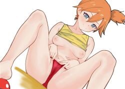 barefoot berserkert blue_eyes blush bow bow_panties clothes_lift collarbone dutch_angle feet female hair_between_eyes kasumi_(pokemon) looking_at_viewer m_legs naughty_face nipples orange_hair panties pokemon pokemon_(anime) pokemon_(classic_anime) red_panties shirt_lift short_hair side_ponytail smile solo spread_legs tank_top thighs underwear yellow_tank_top