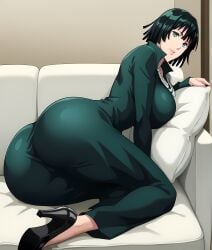 ai_generated apartment beige_background big_ass big_breasts big_butt big_thighs black_high_heels breasts cleavage couch curvy curvy_body curvy_female curvy_figure female female_focus female_only fubuki_(one-punch_man) green_dress green_eyes green_hair high_heels huge_ass jewelry large_breasts light-skinned_female light_skin lips lipstick long_legs looking_at_viewer one-punch_man pillow retair18 short_hair smile smiling smiling_at_viewer wide_hips