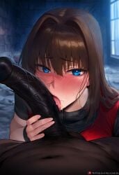 ai_generated aozaki_aoko big_ass big_breasts big_penis blowjob blowjob_face blue_eyes brown_hair dark-skinned_male fellatio licking mikayori red_clothing slutty_outfit