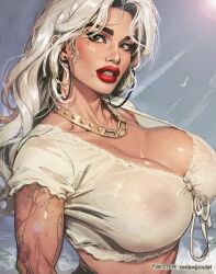 alexandra_(cedric_poulat) beauty_mark cedric_poulat earrings huge_breasts lipstick looking_at_viewer massive_breasts tagme tank_top tattoo white_hair