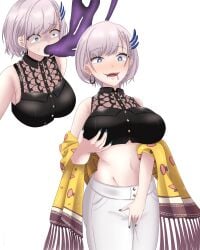 1girls baker78027430 blue_eyes blush breast_grab breasts cheek_bulge clothing female grabbing_own_breast hololive hololive_indonesia legs_together open_mouth oral oral_invasion pants pavolia_reine penetration possession purple_tentacles short_hair smile takeover tentacle translucent_tentacles virtual_youtuber white_hair white_pants wide_eyed wide_hips