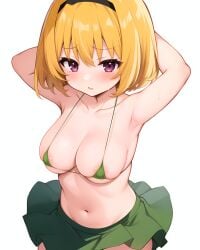 07th_expansion 2023 ai_generated armpits arms_behind_head blonde_female blonde_hair blush breasts female female female_focus female_only green_skirt higurashi_no_naku_koro_ni houjou_satoko looking_at_viewer micro_bikini navel open_mouth purple_eyes simple_background skirt white_background yellow_hair