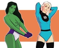 2girls alpoo avengers bare_shoulders blonde_hair breasts covered_breasts fantastic_four female female_only gloves green_eyes green_hair green_skin high_resolution highleg highleg_leotard hulk_(series) invisible_woman legwear leotard marvel marvel_comics medium_breasts multiple_girls nipples she-hulk sue_storm thigh_boots thighhighs topless_female