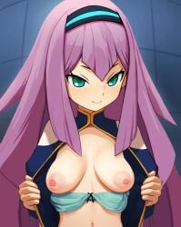 1girls beyon_(beyon1710) blue_bra bra bra_down breasts female green_eyes hairband inazuma_eleven inazuma_eleven_go inazuma_eleven_go_chrono_stone jacket long_hair mehr meia_(inazuma_eleven_go_chrono_stone) open_clothes open_jacket partially_clothed presenting presenting_breasts purple_hair solo solo_female sweat