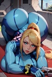 1girls ai_generated all_fours ass big_ass bimbo blonde_hair blue_eyes blue_outfit breasts clothing dat_ass dumptruck_ass dumptruck_butt fat_ass female female_only gigantic_ass hotcartoonai huge_ass human indoors large_ass long_hair looking_at_viewer massive_ass metroid nintendo ponytail samus_aran solo solo_female solo_focus thick_ass thick_thighs voluptuous voluptuous_female wide_hips zero_suit_samus