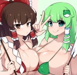 2d 2girls bare_shoulders big_breasts bikini bikini_only bikini_top bikini_top_only blue_eyes blush breasts brown_eyes brown_hair brown_hair cleavage duo female female_only frog_hair_clip frog_hair_ornament gohei green_hair hair_clip hair_ribbon hair_tube hair_tubes licking_lips long_hair looking_at_viewer medium_hair nipple_bulge norori peace_sign reimu_hakurei sanae_kochiya shiny_hair shiny_skin shrine_maiden smile source swimwear swimwear_only tied_hair tongue touhou unamused v w