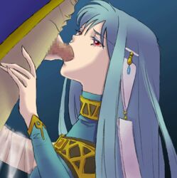 aozora_kyuuji blowjob blue_hair censored dress eliwood_(fire_emblem) fellatio female fire_emblem fire_emblem:_the_blazing_blade hair_ornament hand_on_another's_leg hand_on_leg jacket long_hair lowres male manakete ninian_(fire_emblem) open_pants oral out_of_frame pants penis penis_grab red_eyes see-through see-through_sleeve shoulder_belt straight